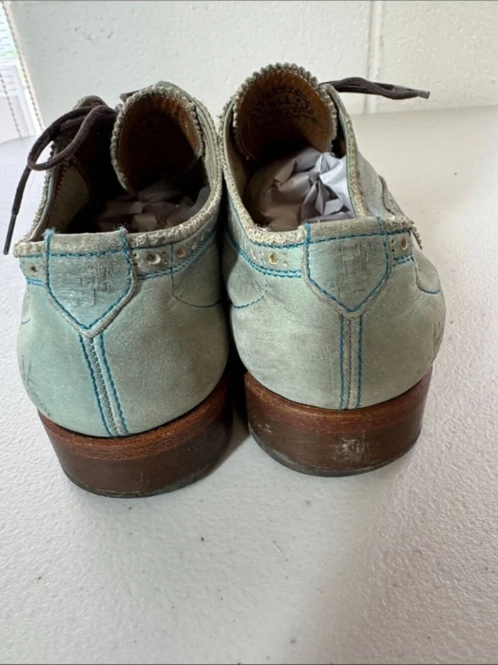 John Fluevog Gateway Oxfords Mint Blue Leather Brogue Shoes Sz M 4.5 Art Chic
